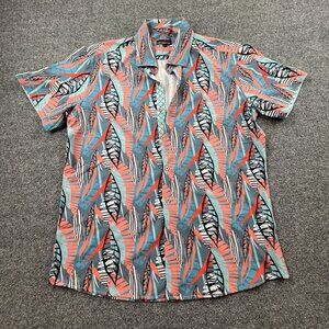 DECKMASTER Men’s L Stretch Tropical Leaf Print Button Up Shirt Short Sleeve